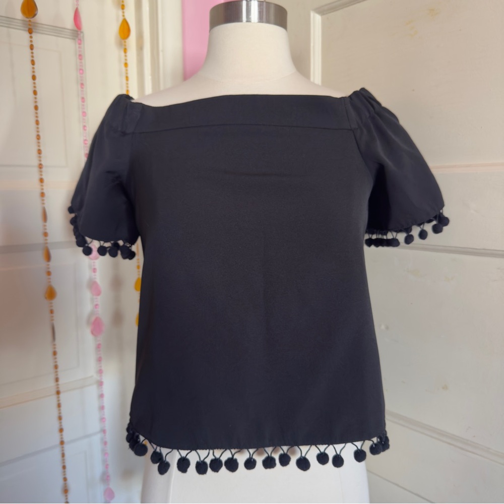Willow & Clay Black Off Shoulder Crop Top S Pom Pom Trim Boho
